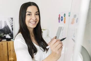 Happy young businesswoman writing on whiteboard in office - XLGF03349