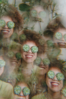 Multiple exposure of woman with echeveria flowers over eyes - YTF01812
