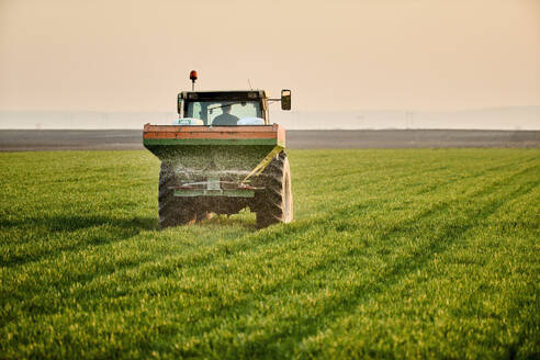 Young farmer in tractor fertilizing wheat crops in green field - NOF00942