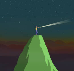Woman standing on mountaintop shining light into night sky - GWAF00510