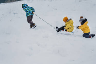 Glückliche Geschwister beim Schlittenfahren auf Schnee im Winter - ANAF02715