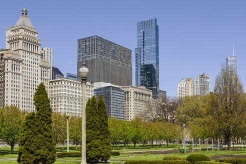 USA, Illinois, Chicago, Stadtpark mit Skyline-Wolkenkratzern im Hintergrund - NGF00838