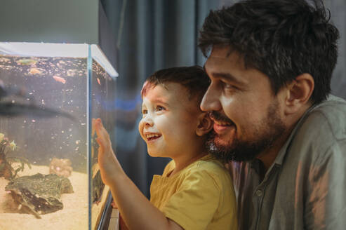 Happy boy watching fishes in tank with father at home - ANAF02726