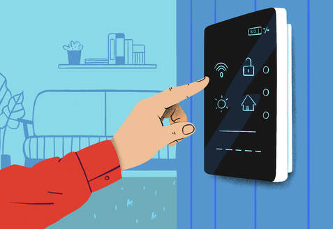 Hands of person operating smart home device on wall - ABSF00011