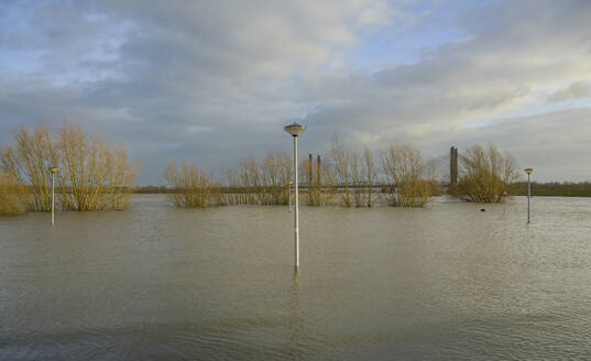 Netherlands, Gelderland, Zaltbommel, View of river Waal flooding surrounding land after prolonged rainfall - MKJF00054