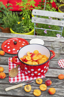 Zubereitung von Aprikosenmarmelade auf einem Holztisch im Garten - GWF07996