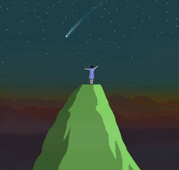 Little girl looking at shooting star from mountaintop at night - GWAF00519