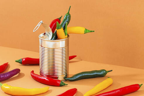 Studio shot of chili peppers in aluminum can - RDTF00048