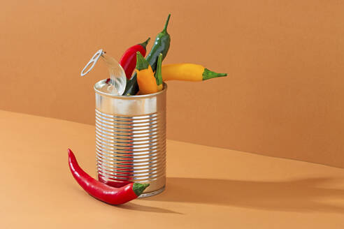 Studio shot of chili peppers in aluminum can - RDTF00049