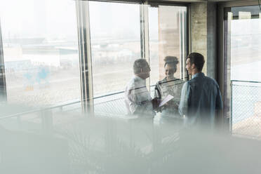 Multiracial business colleagues discussing in workplace - UUF31505