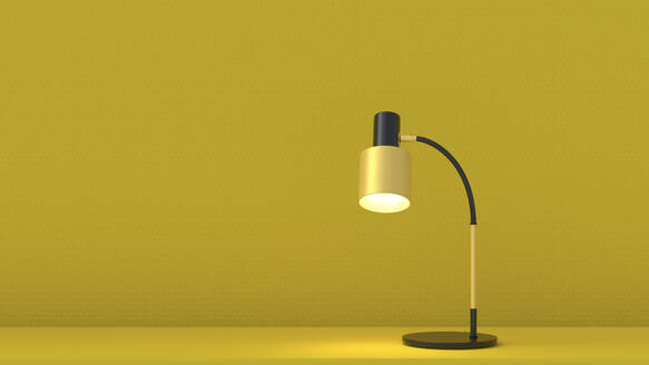 3D render of yellow desk lamp glowing against yellow background - UWF01597