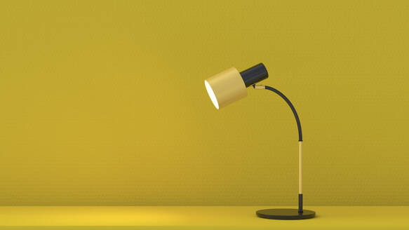 3D render of yellow desk lamp glowing against yellow background - UWF01598
