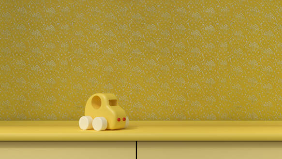 3D-Rendering eines gelben Spielzeugautos vor gelbem Hintergrund - UWF01604