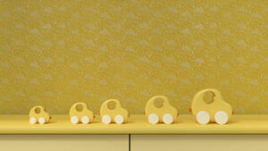 3D-Rendering von gelben Spielzeugautos vor gelbem Hintergrund - UWF01605