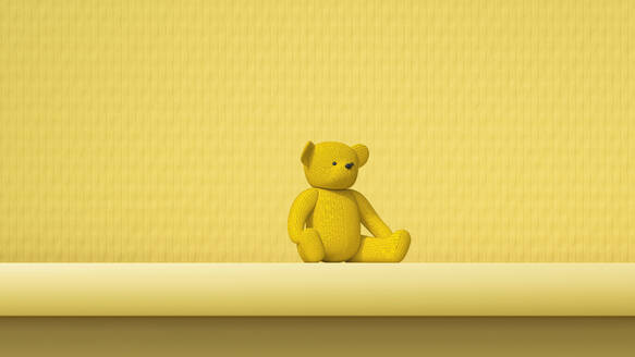 3D render of yellow teddy bear lying against yellow background - UWF01607
