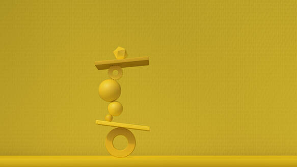 3D render of stack of geometric objects balancing against yellow background - UWF01613