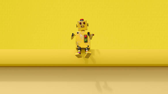 3D-Rendering eines altmodischen Spielzeugroboters, der auf einer gelben Leiste sitzt - UWF01614