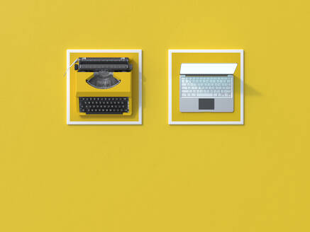 3D render of typewriter and modern laptop on square coasters - UWF01618