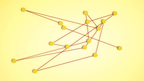 3D-Rendering von gelben Kreisen, die mit roten Linien verbunden sind - UWF01620