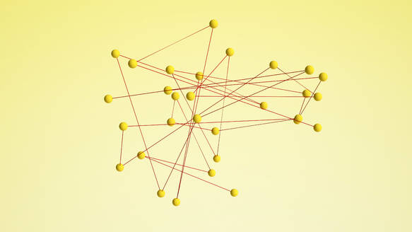 3D-Rendering von gelben Kugeln, die mit roten Linien verbunden sind - UWF01621