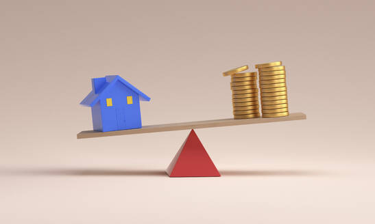 Balance von Immobilien, Haus und Geld Stapel über rosa Hintergrund - MSMF00163