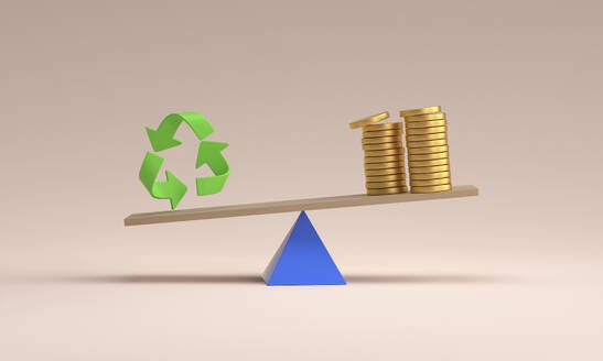 Gleichgewicht der Recycling-Zeichen und Geld Stack gegen rosa Hintergrund - MSMF00165