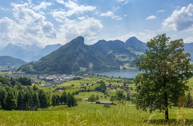 Schwyz und Lauerzersee in der Nähe der Bergspitze in der Zentralschweiz, Kanton Schwyz, Schweiz - MAMF02931