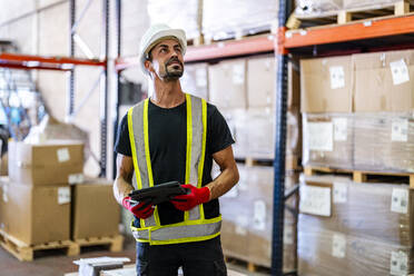 Smiling worker examining inventory with tablet PC at warehouse - DLTSF03791