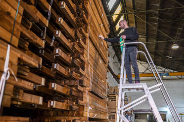 Worker standing on ladder and applying labels on wooden pallets - DLTSF03821