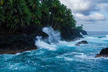 Turquoise waves ferociously crash against the black volcanic rocks of Praia Jalé in Sao Tome and Principe, surrounded by lush green palm trees under a moody sky - ADSF52973
