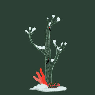 Eine künstlerische Illustration eines surrealen Baumes mit Schnee und leuchtend roten Spritzern vor einem dunklen Hintergrund. Generatives AI-Bild - ADSF53014