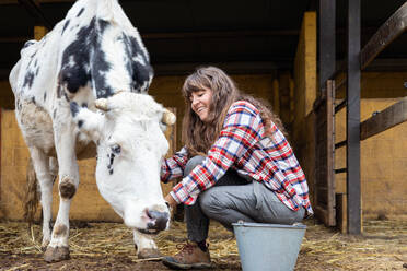 Porträt einer lächelnden jungen Bäuerin, die eine Milchkuh streichelt. Tierschutz und -pflege auf einem Bio-Bauernhof. - ADSF53023