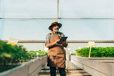 Farmer senior man working in his farm and greenhouse. Concept about agriculture, farn industry, and healthy lifestyle during seniority age - DMDF09935