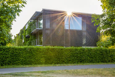 Grünes Gebäude in München, Bayern, Deutschland an einem sonnigen Tag - MAMF02942