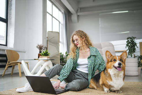 Freiberufler arbeitet am Laptop in der Nähe des Hundes im Heimbüro - MDOF01844