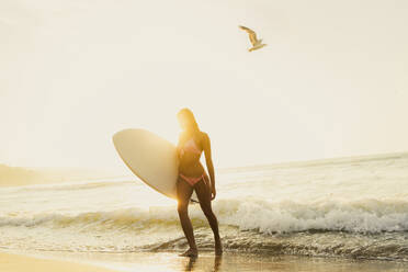 Junge Frau geht mit Surfbrett in der Nähe von Wellen bei Sonnenuntergang - AAZF01662