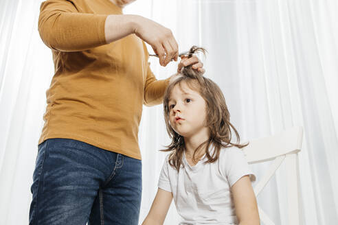 Father cutting son's hair at home - ELMF00033