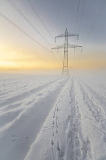 Deutschland, Hessen, Hunfelden, Schnee vor Strommast in der Dämmerung - MHF00773