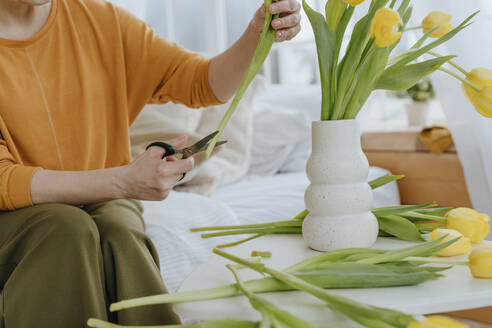 Mature woman cutting tulips with scissors at home - YTF01930