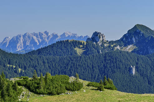 Deutschland, Bayern, Blick vom Hirschberg zum Kaisergebirge und Plankenstein - ANSF00728