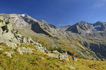 Österreich, Tirol, Wanderin bewundert Aussicht am Aschaffenburger Hohenweg in den Zillertaler Alpen - ANSF00742