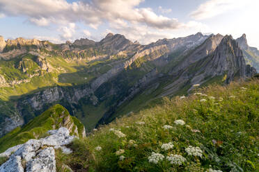 A stunning view of the rugged peaks and lush valleys in the Appenzell region, with dramatic rock formations under a soft sunset sky. - ADSF53182