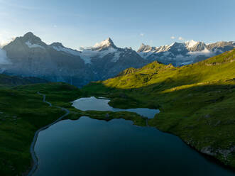 A tranquil evening view of Bachalpsee Lake surrounded by the lush greenery with the Swiss Alps in the background, bathed in the warm light of the setting sun. - ADSF53187