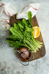 From above of fresh arugula leaves with a slice of lemon and a bowl of salt on a wooden cutting board, accented by kitchen scissors and a striped towel - ADSF53205