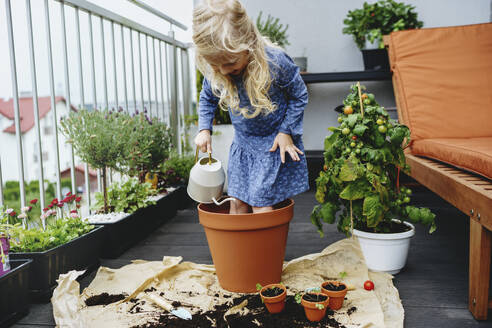 Girl standing and watering in pot at balcony - NSTF00005