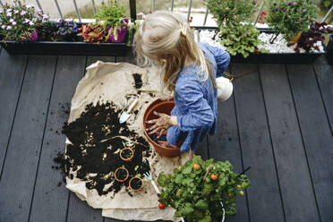 Girl with blond hair tamping dirt with feet in pot at balcony - NSTF00009