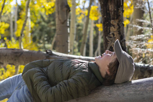 USA, New Mexico, Smiling boy lying on log in Santa Fe National Forest - TETF02572