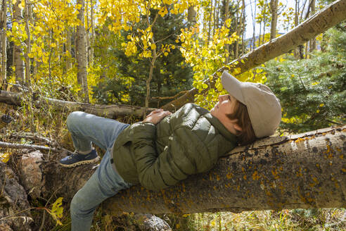 USA, New Mexico, Lächelnder Junge auf Baumstamm liegend im Santa Fe National Forest - TETF02573