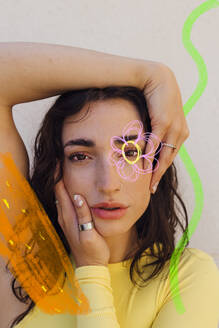 Young woman with doodles near face against white background - EGHF00859