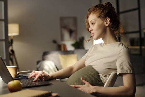 Young pregnant freelancer working on laptop from home - DSHF01611